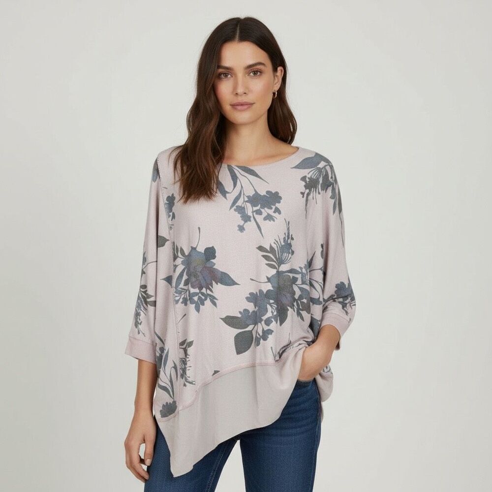 Coco + Carmen Pink Floral Asymmetrical Hem Tunic Top L/XL Oversize
